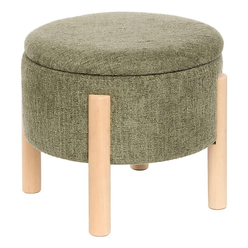 Taburet cu spatiu de depozitare Elki, placaj din lemn de cauciuc, textil verde khaki, D.45 cm, 214222B