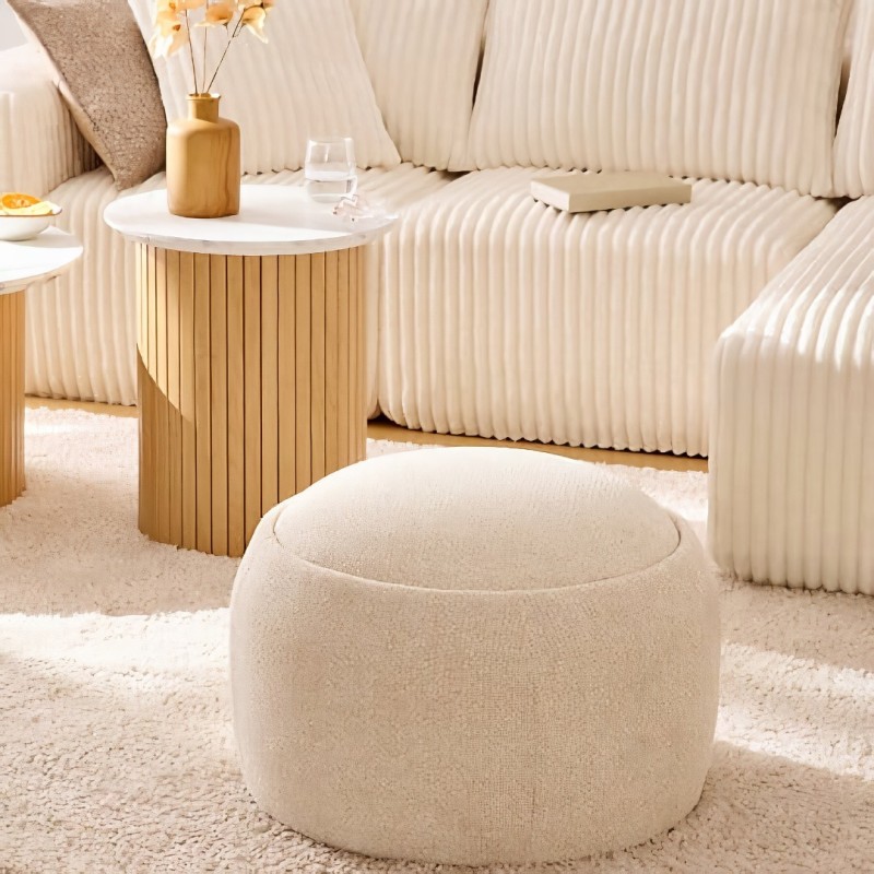 Taburet cu spatiu de depozitare Elior, MDF, boucle, crem, D.60 cm, 214223A