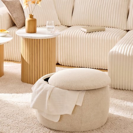 Taburet cu spatiu de depozitare Elior, MDF, boucle, crem, D.60 cm, 214223A 
