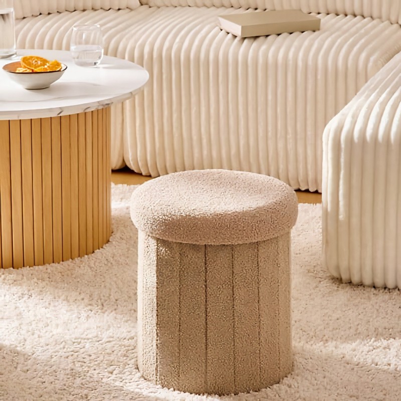 Taburet cu spatiu de depozitare Jaiko, MDF, poliester, boucle bej, D.32 cm, 214224