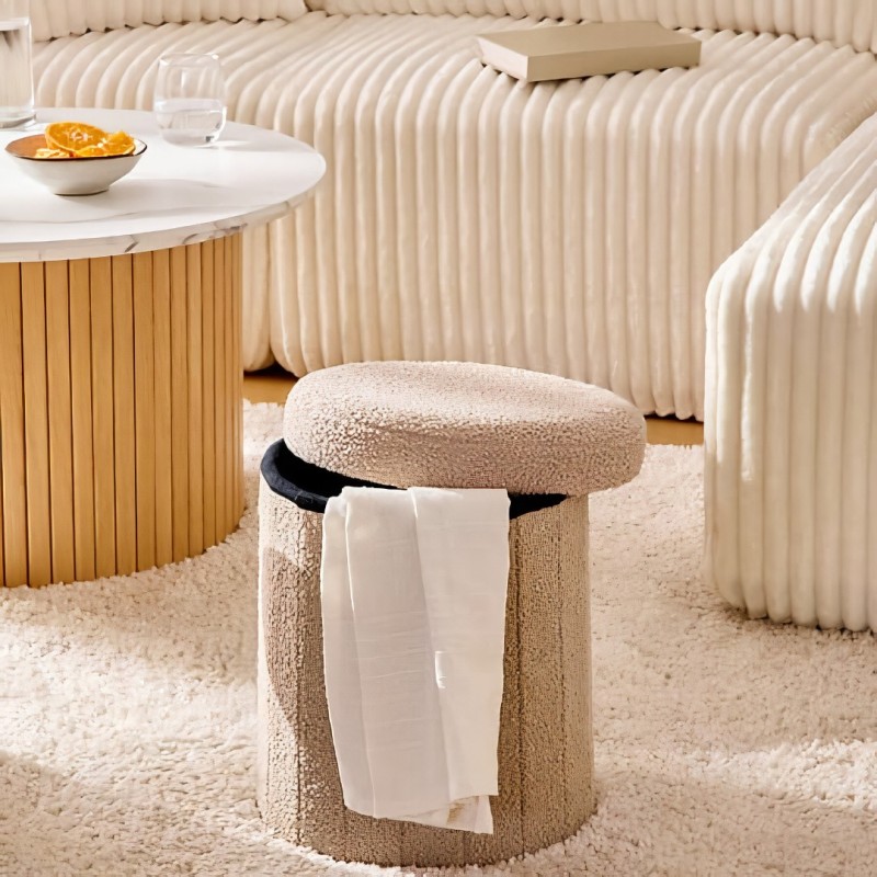 Taburet cu spatiu de depozitare Jaiko, MDF, poliester, boucle bej, D.32 cm, 214224