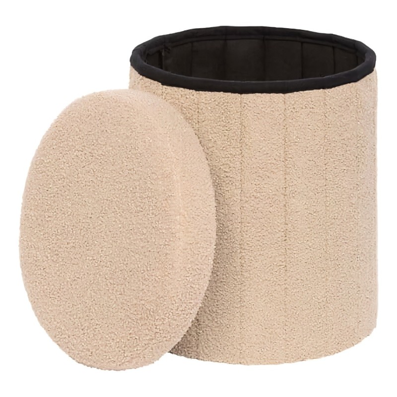 Taburet cu spatiu de depozitare Jaiko, MDF, poliester, boucle bej, D.32 cm, 214224