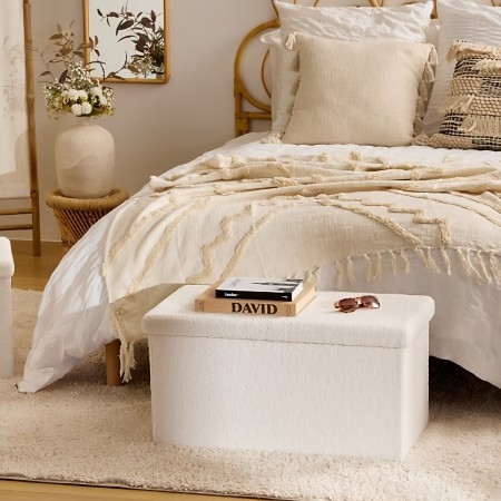 Bancheta pliabila Ottoman, MDF, poliester, boucle alb, L.76 cm, 214226 