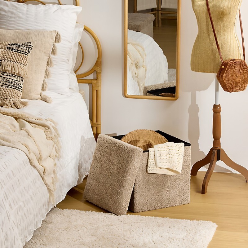 Taburet pliabil cu spatiu de depozitare Soana, MDF, poliester, bej, 38X38 cm, 214227B