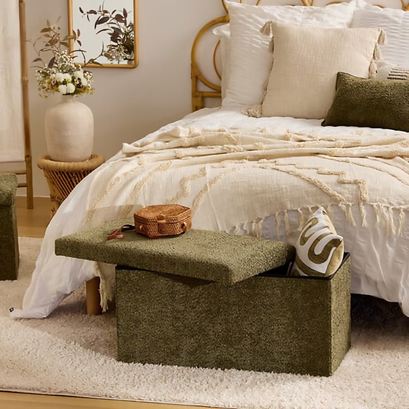 Bancheta pliabila cu spatiu de depozitare Soana, MDF, poliester, verde khaki, L.76 cm, 214228C