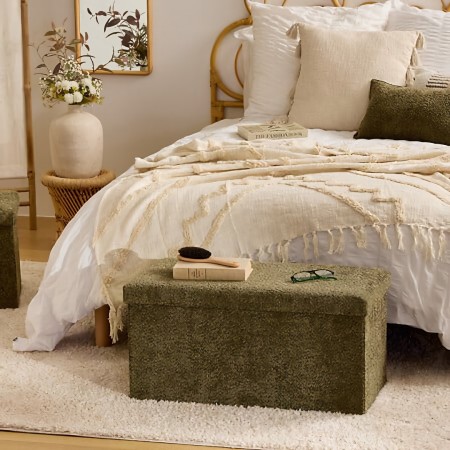 Bancheta pliabila cu spatiu de depozitare Soana, MDF, poliester, verde khaki, L.76 cm, 214228C 
