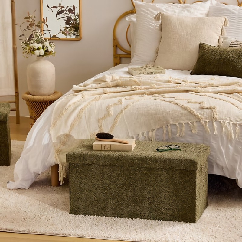 Bancheta pliabila cu spatiu de depozitare Soana, MDF, poliester, verde khaki, L.76 cm, 214228C