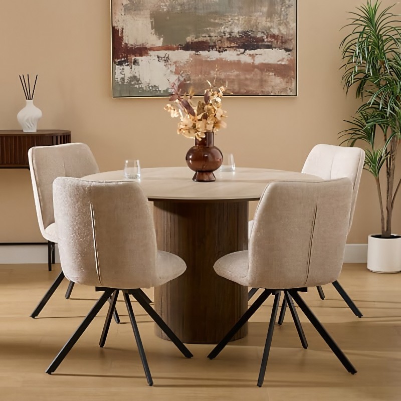 Scaun dining rotativ Gira, metal, textil chenille, bej, H.88 cm, 214259A