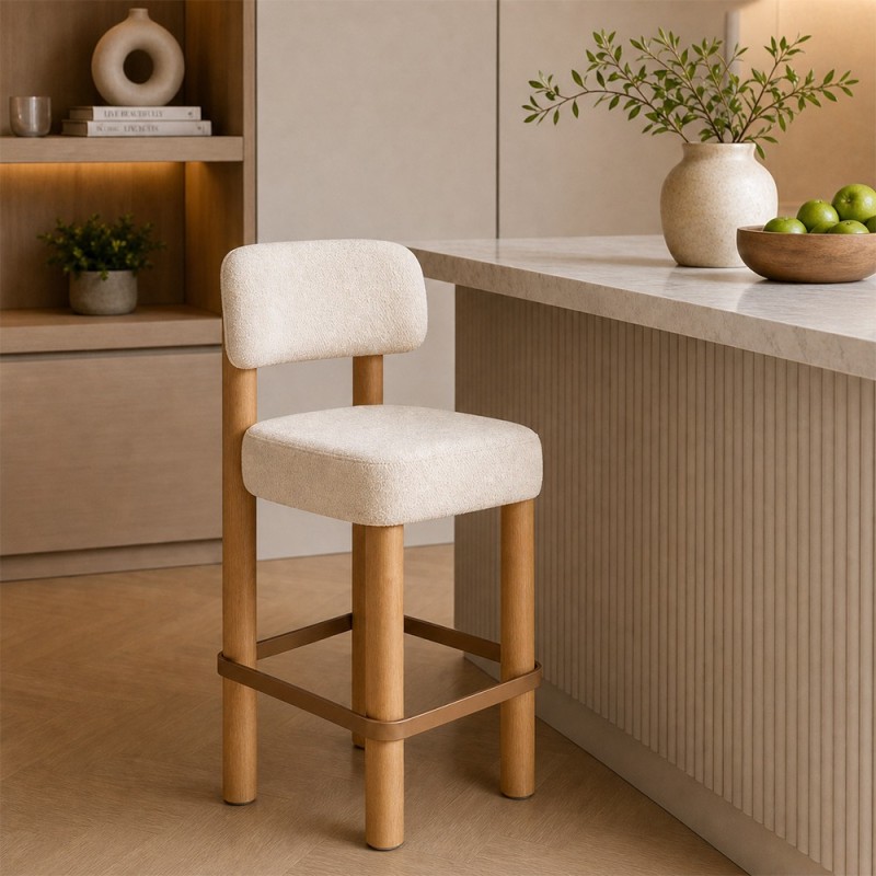 Scaun bar Noali, lemn, textil chenille, ivoar, H.104 cm, 214266A