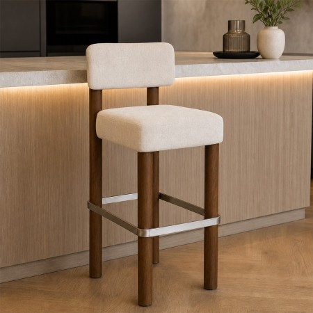 Scaun bar Noali, lemn, textil chenille, ivoar, H.104 cm, 214266B 