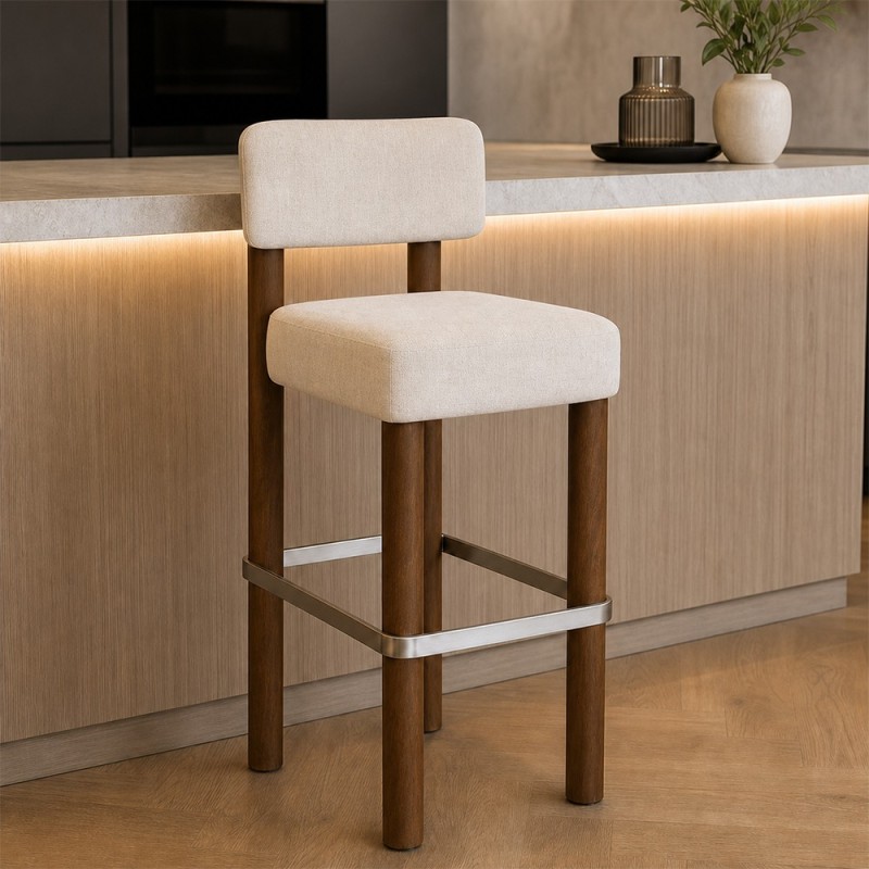 Scaun bar Noali, lemn, textil chenille, ivoar, H.104 cm, 214266B