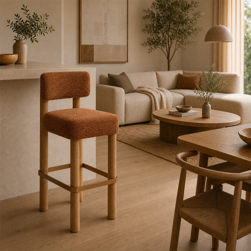 Scaun bar Noali, lemn, textil chenille, ambra, H.104 cm, 214266C