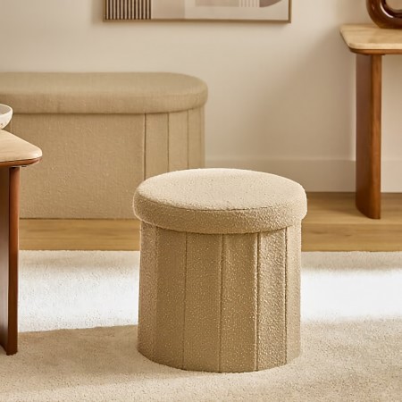 Taburet pliabil Fink, MDF, textil boucle, bej, D.38 cm, 214273B 