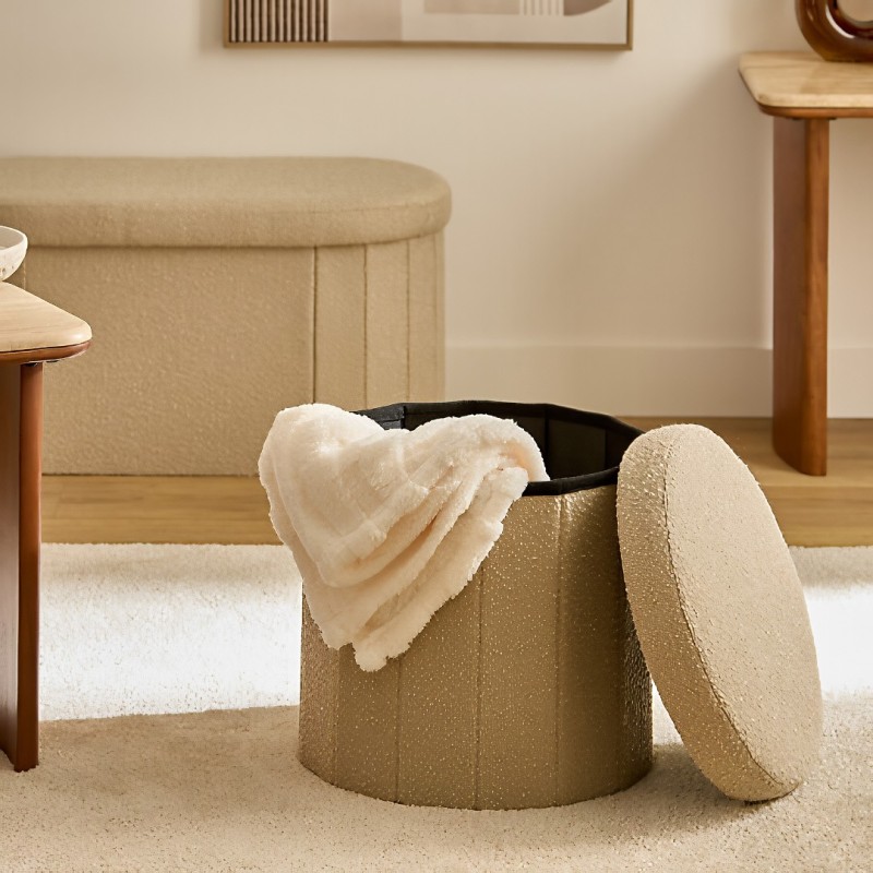 Taburet pliabil Fink, MDF, textil boucle, bej, D.38 cm, 214273B