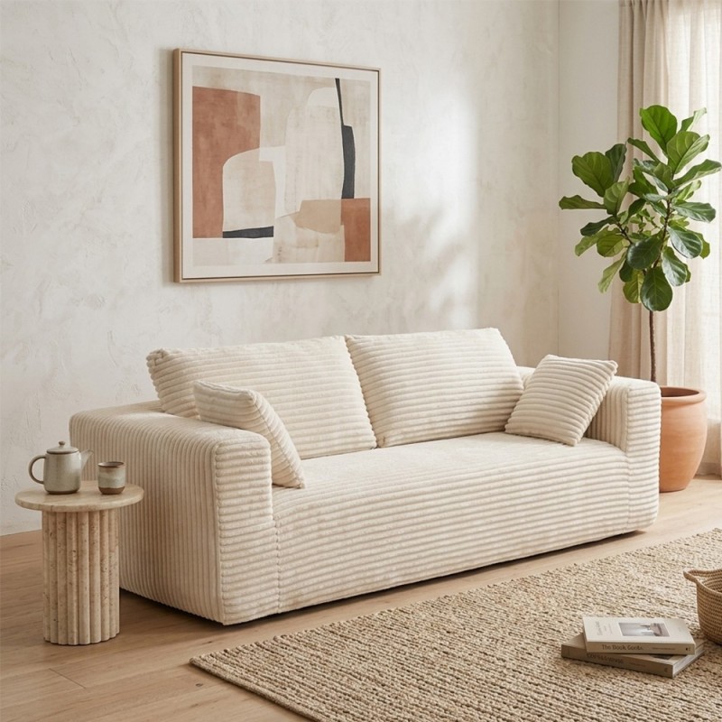 Canapea 3 locuri Solka, spuma, textil reiat, alba, L.227 cm, 223607A