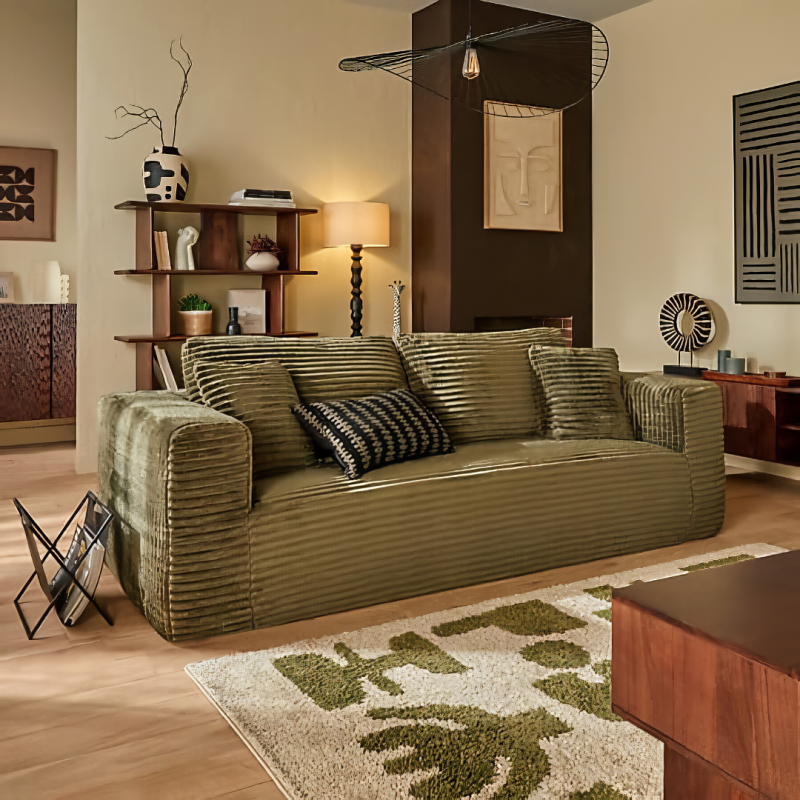 Canapea 3 locuri Solka, spuma, textil reiat, verde khaki, L.227 cm, 223607C