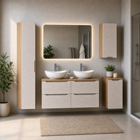 Set mobilier de baie Ocean Beige, MDF, PAL melaminat, stejar/bej, blat stejar uleiat, L.120 cm, lavoare Cloud, dulap inalt H.170 cm, SET-OCB B 120CM S UN CLOUD HC1D LC UC