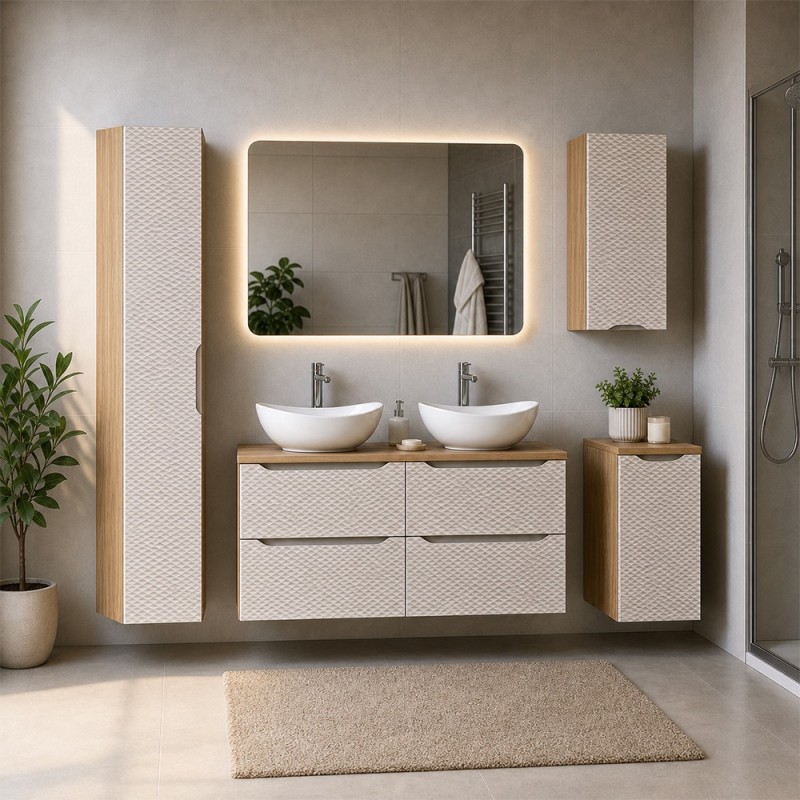 Set mobilier de baie Ocean Beige, MDF, PAL melaminat, stejar/bej, blat stejar uleiat, L.120 cm, lavoare Cloud, dulap inalt H.170 cm, SET-OCB B 120CM S UN CLOUD HC1D LC UC