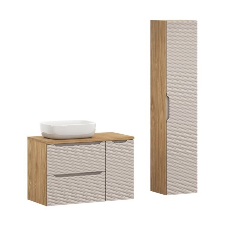 Set mobilier de baie Ocean Beige, MDF, PAL melaminat, stejar/bej, blat stejar uleiat, L.90 cm, lavoar Smile, dulap inalt H.170 cm, SET-OCB B 90CM S UN SMILE 50 HC1D