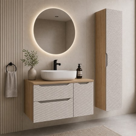 Set mobilier de baie Ocean Beige, MDF, PAL melaminat, stejar/bej, blat stejar uleiat, L.90 cm, lavoar Smile, dulap inalt H.170 cm, SET-OCB B 90CM S UN SMILE 50 HC1D