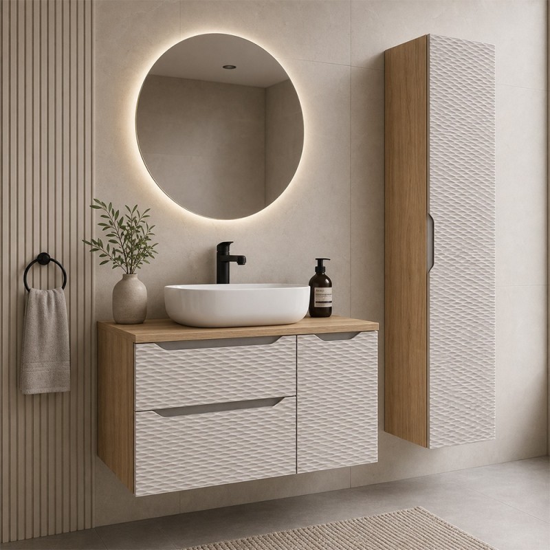 Set mobilier de baie Ocean Beige, MDF, PAL melaminat, stejar/bej, blat stejar uleiat, L.90 cm, lavoar Smile, dulap inalt H.170 cm, SET-OCB B 90CM S UN SMILE 50 HC1D