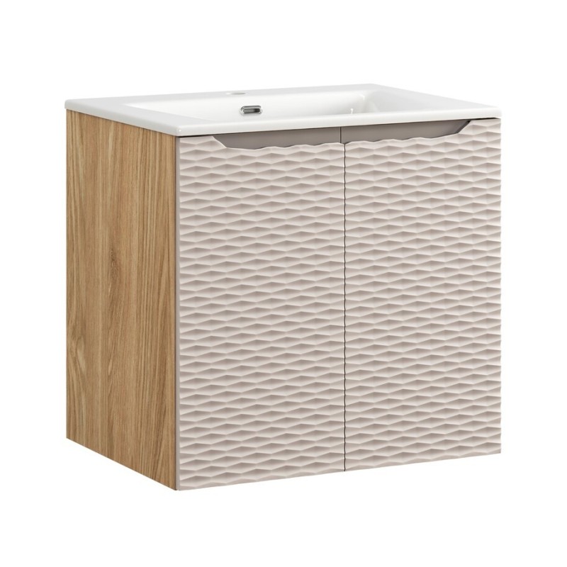 Set mobilier de baie Ocean Beige, MDF, PAL melaminat, stejar/bej, lavoar Sky, L.60 cm, SET-OCB 60CM D SKY