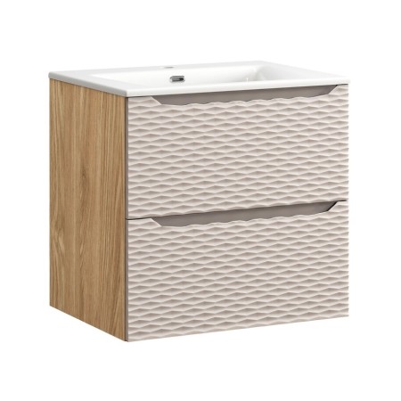 Set mobilier de baie Ocean Beige, MDF, PAL melaminat, stejar/bej, lavoar Sky, L.60 cm, SET-OCB 60CM S SKY
