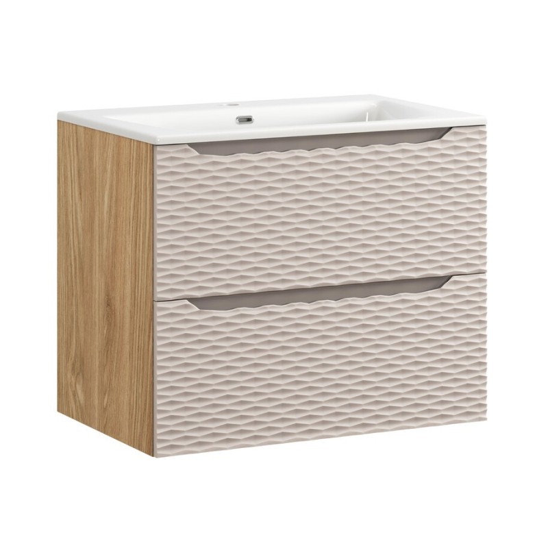 Set mobilier de baie Ocean Beige, MDF, PAL melaminat, stejar/bej, lavoar Sky, L.70 cm, SET-OCB 70CM S SKY