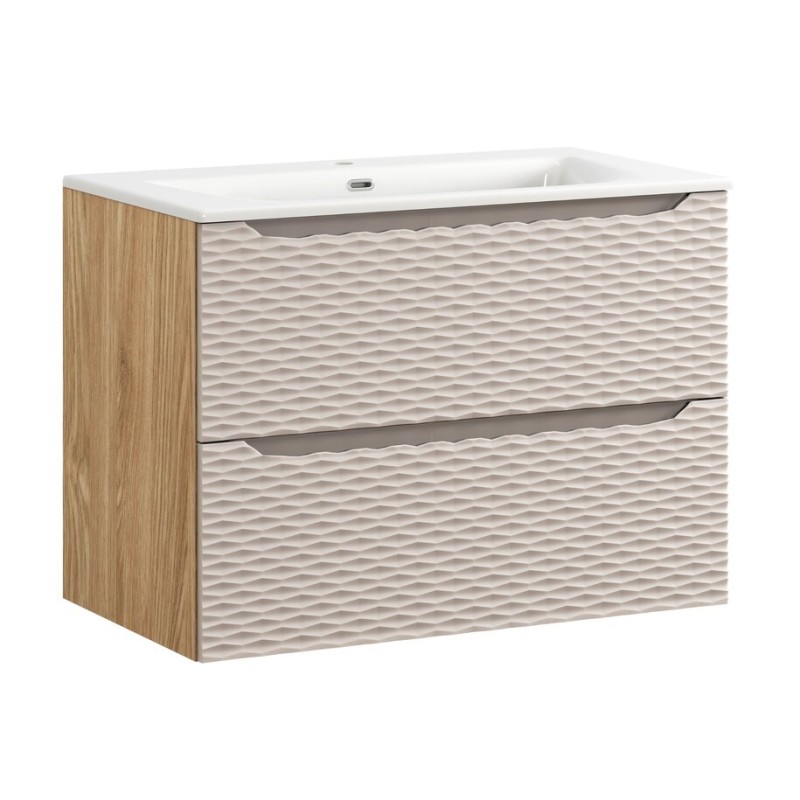 Set mobilier de baie Ocean Beige, MDF, PAL melaminat, stejar/bej, lavoar Sky, L.80 cm, SET-OCB 80CM S SKY