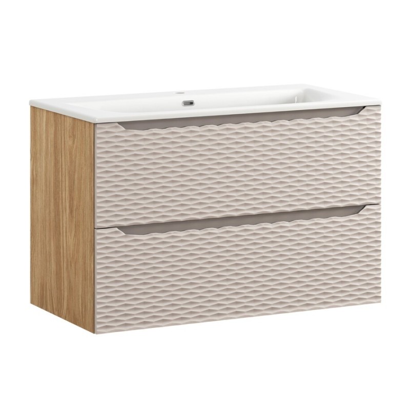 Set mobilier de baie Ocean Beige, MDF, PAL melaminat, stejar/bej, lavoar Sky, L.90 cm, SET-OCB 90CM S SKY