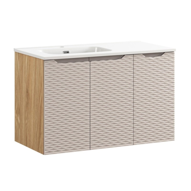 Set mobilier de baie Ocean Beige, MDF, PAL melaminat, stejar/bej, lavoar Go, L.90 cm, SET-OCB 90CM D GO 2 L
