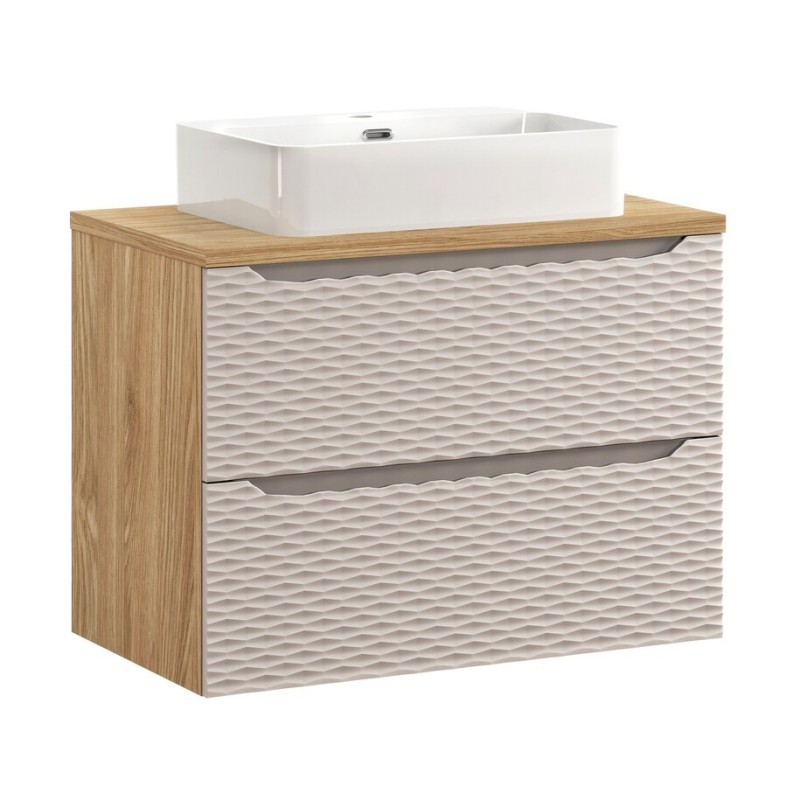 Set mobilier de baie Ocean Beige, MDF, PAL melaminat, stejar/bej, blat stejar uleiat, L.80 cm, lavoar Trust, SET-OCB B 80CM S UN TRUST WH