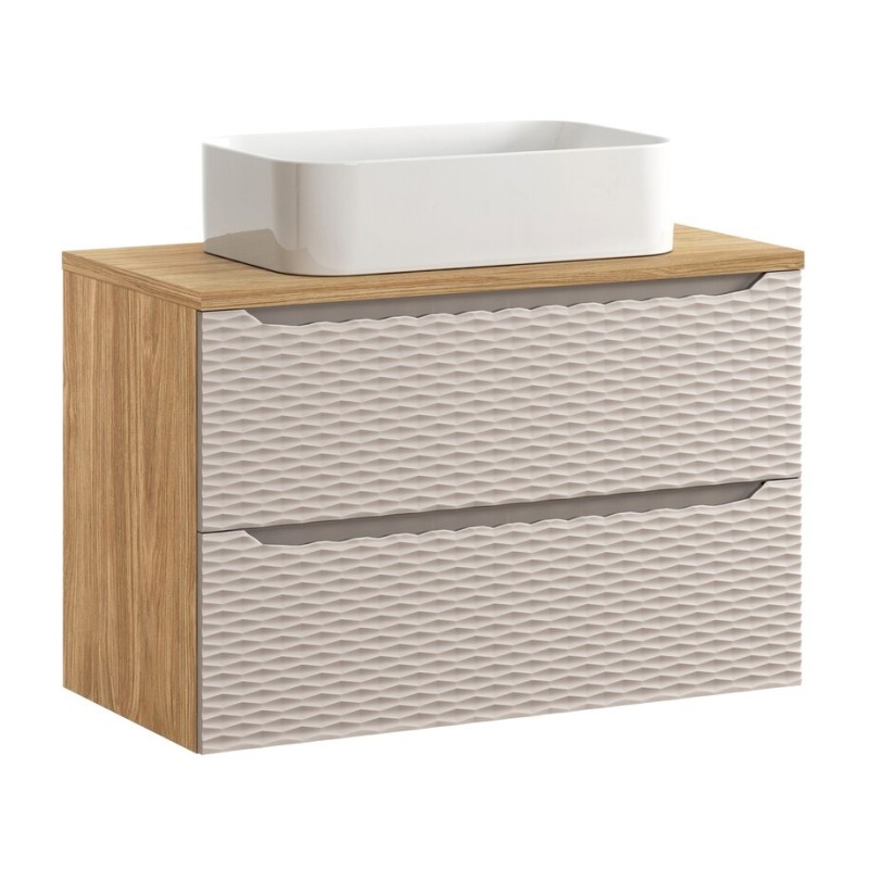 Set mobilier de baie Ocean Beige, MDF, PAL melaminat, stejar/bej, blat stejar uleiat, L.90 cm, lavoar Kati, SET-OCB B 90CM S UN KATI WH