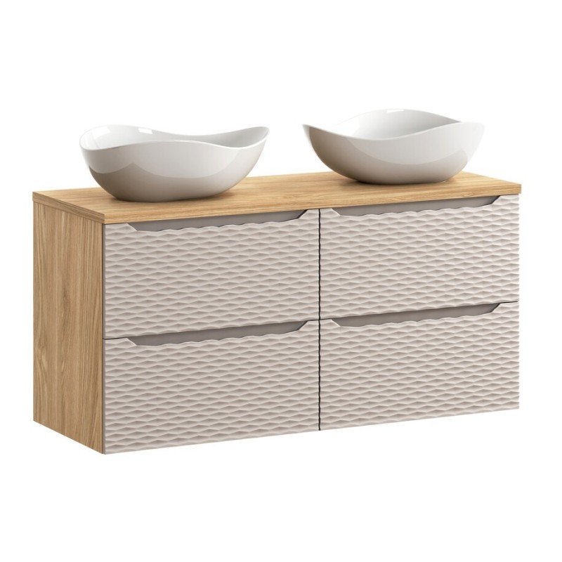 Set mobilier de baie Ocean Beige, MDF, PAL melaminat, stejar/bej, blat stejar uleiat, L.120 cm, lavoare Cloud, SET-OCB B 120CM (2X60) S UN CLOUD