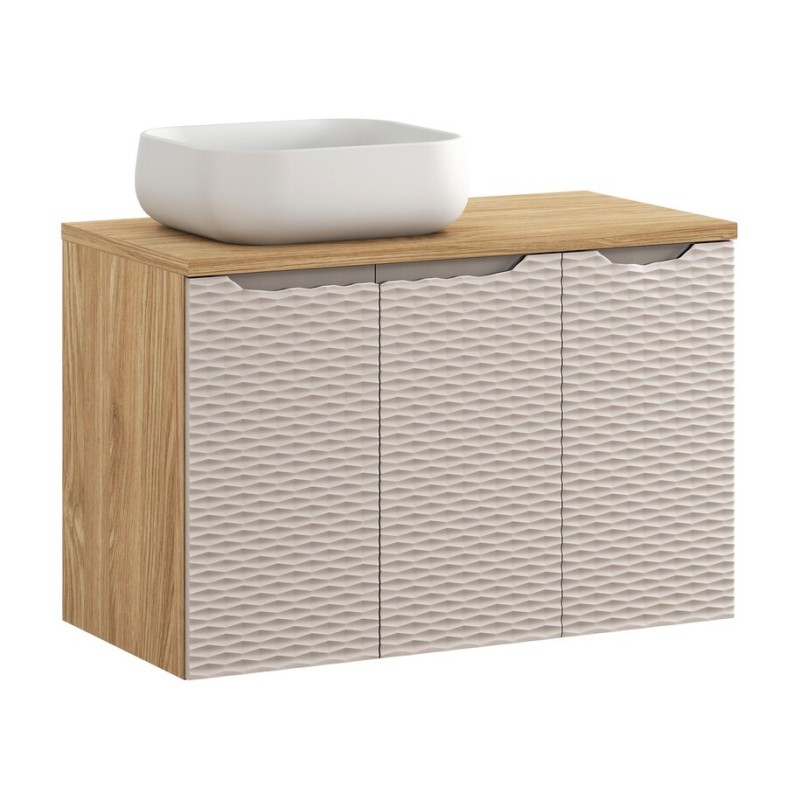 Set mobilier de baie Ocean Beige, MDF, PAL melaminat, stejar/bej, blat stejar uleiat, L.90 cm, lavoar Nika, SET-OCB B 90CM D UN NIKA WH