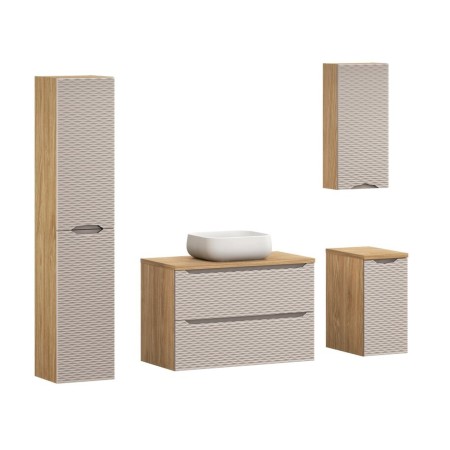 Set mobilier de baie Ocean Beige, MDF, PAL melaminat, stejar/bej, blat stejar uleiat, L.90 cm, lavoar Nika, dulap inalt H.170 cm, SET-OCB B 90CM S UN NIKA WH HC2D