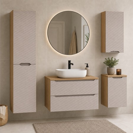 Set mobilier de baie Ocean Beige, MDF, PAL melaminat, stejar/bej, blat stejar uleiat, L.90 cm, lavoar Nika, dulap inalt H.170 cm, SET-OCB B 90CM S UN NIKA WH HC2D