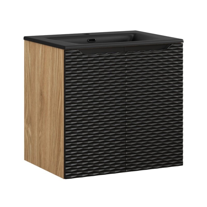 Set mobilier de baie Ocean Black, MDF, PAL melaminat, negru mat/stejar uleiat, lavoar Sky, L.60 cm, SET-OCBL 60CM D SKY BL