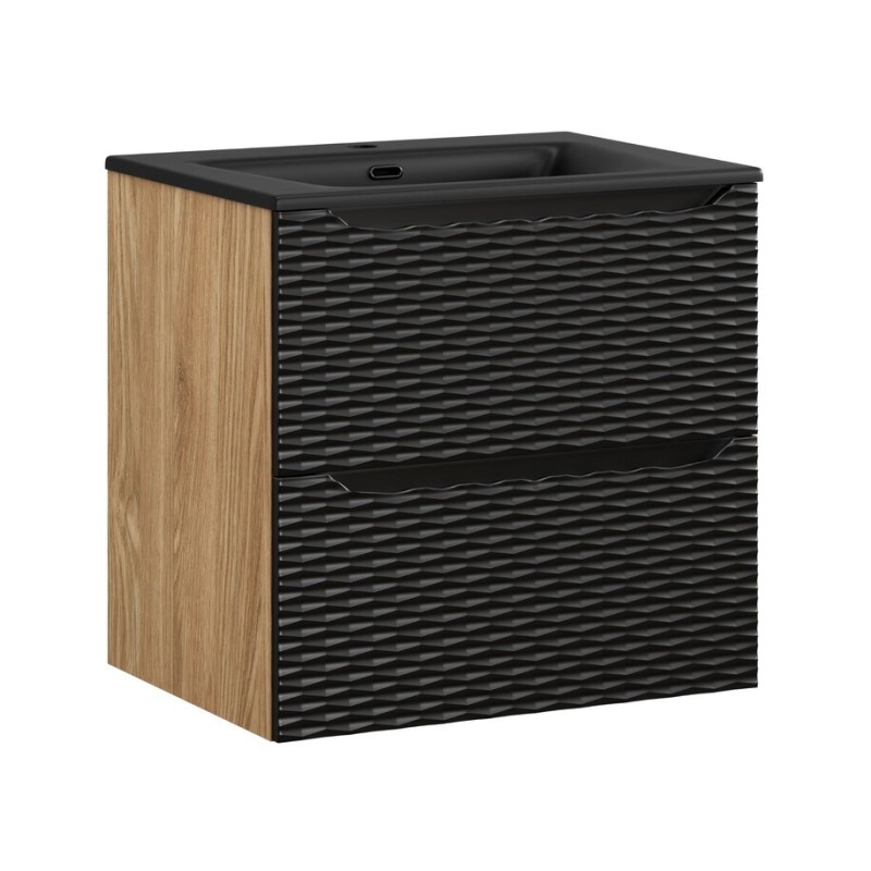 Set mobilier de baie Ocean Black, MDF, PAL melaminat, negru mat/stejar uleiat, lavoar Sky, L.60 cm, SET-OCBL 60CM S SKY BL