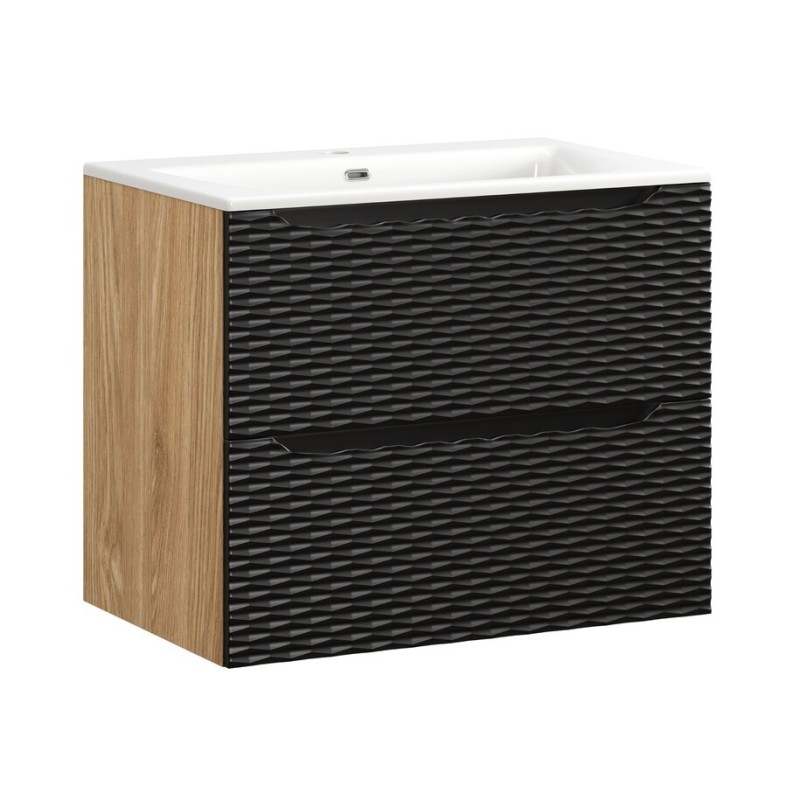 Set mobilier de baie Ocean Black, MDF, PAL melaminat, negru mat/stejar uleiat, lavoar Sky, L.70 cm, SET-OCBL 70CM S SKY
