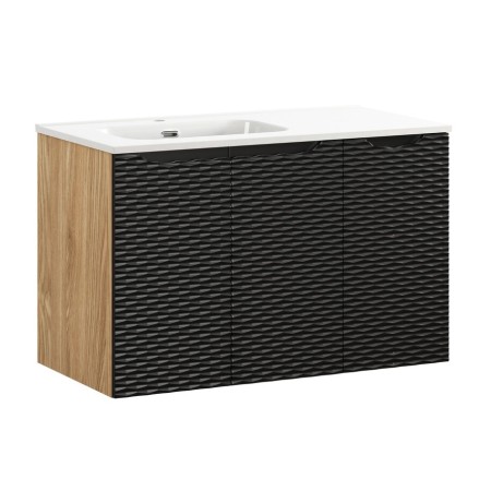 Set mobilier de baie Ocean Black, MDF, PAL melaminat, negru mat/stejar uleiat, lavoar Go, L.90 cm, SET-OCBL 90CM D GO 2 L