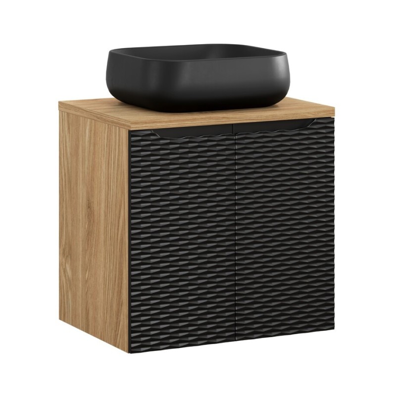 Set mobilier de baie Ocean Black, MDF, PAL melaminat, negru mat/stejar uleiat, blat stejar uleiat, L.60 cm, lavoar Nika, SET-OCBL B 60CM D NIKA BL
