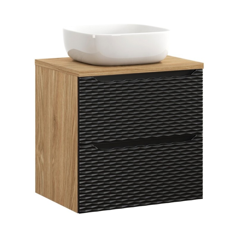 Set mobilier de baie Ocean Black, MDF, PAL melaminat, negru mat/stejar uleiat, blat stejar uleiat, L.60 cm, lavoar Smile, SET-OCBL B 60CM S SMILE 40