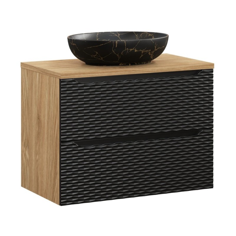 Set mobilier de baie Ocean Black, MDF, PAL melaminat, negru mat/stejar uleiat, blat stejar uleiat, L.80 cm, lavoar Mona, SET-OCBL B 80CM S MONA