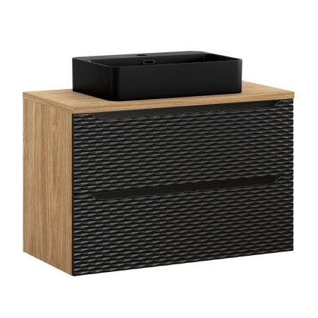 Set mobilier de baie Ocean Black, MDF, PAL melaminat, negru mat/stejar uleiat, blat stejar uleiat, L.90 cm, lavoar Trust, SET-OCBL B 90CM S TRUST BL