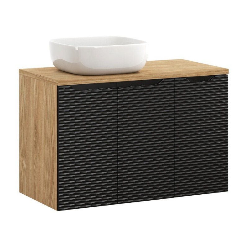 Set mobilier de baie Ocean Black, MDF, PAL melaminat, negru mat/stejar uleiat, blat stejar uleiat, L.90 cm, lavoar Smile, SET-OCBL B 90CM D SMILE 40