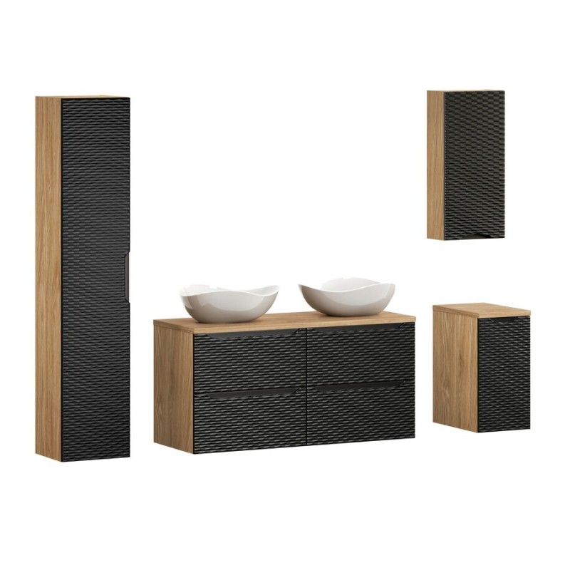 Set mobilier de baie Ocean Black, MDF, PAL melaminat, negru mat/stejar uleiat, blat stejar uleiat, L.120 cm, lavoare Cloud, dulap inalt H.170 cm, SET-OCBL B 120CM S UN CLOUD HC1D LC UC