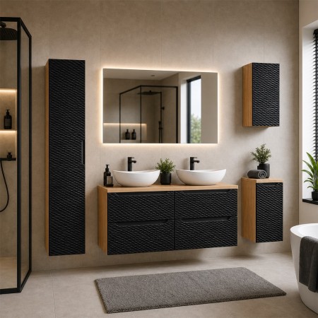 Set mobilier de baie Ocean Black, MDF, PAL melaminat, negru mat/stejar uleiat, blat stejar uleiat, L.120 cm, lavoare Cloud, dulap inalt H.170 cm, SET-OCBL B 120CM S UN CLOUD HC1D LC UC