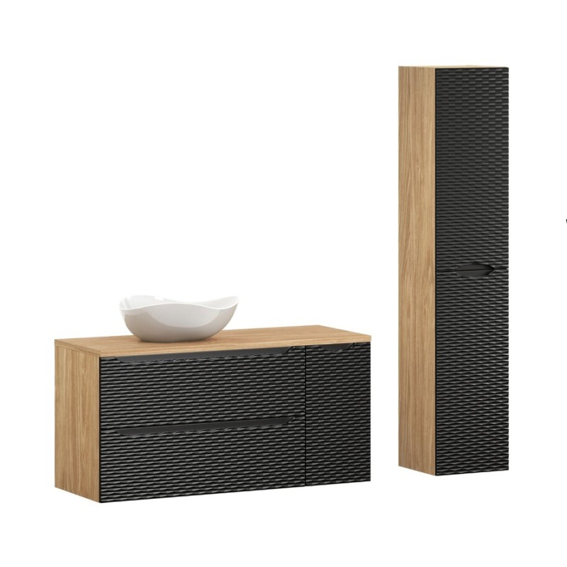 Set mobilier de baie Ocean Black, MDF, PAL melaminat, negru mat/stejar uleiat, blat stejar uleiat, L.120 cm, lavoar Cloud, dulap inalt H.170 cm, SET-OCBL B 120CM S UN CLOUD HC2D