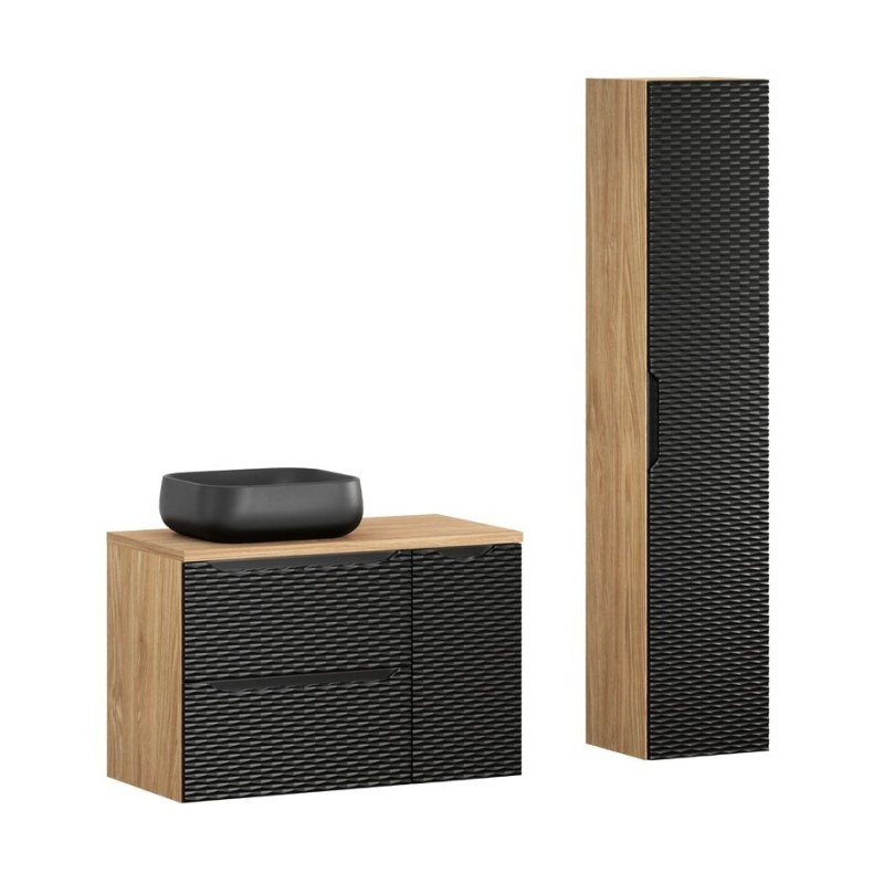 Set mobilier de baie Ocean Black, MDF, PAL melaminat, negru mat/stejar uleiat, blat stejar uleiat, L.90 cm, lavoar Nika, dulap inalt H.170 cm, SET-OCBL B 90CM S UN NIKA HC1D